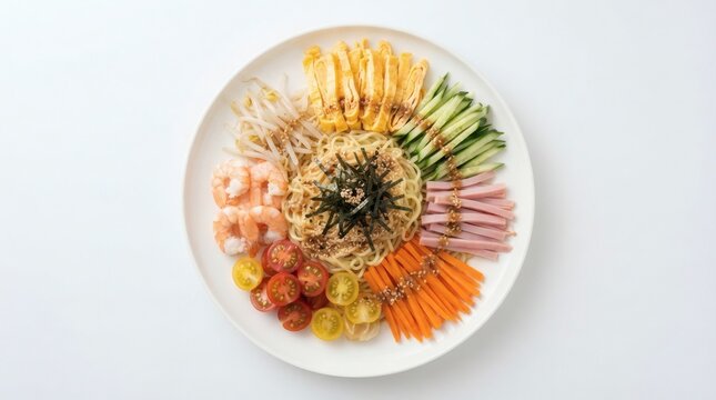Top Down Flat Lay Colorful Hiyashi Chuka Noodles White Plate


