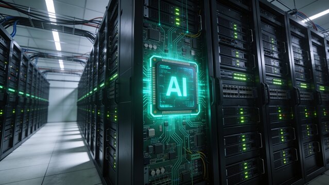Futuristic Artificial Intelligence Processor Display Inside Modern Enterprise Data Center Server Room with Advanced Cloud Computing Infrastructure