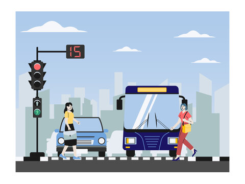 Urban traffic safety involving pedestrians crossing while the green light is on. Traffic illustrations. Flat vector concepts.