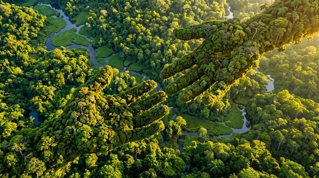 Aerial view of green forest canopy forming two hands reaching to touch each other.