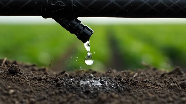 Close-up view of a drip irrigation system efficiently watering dry soil, with a clear water drop falling onto a cultivated field.