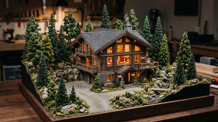 Fototapeta premium Detailed miniature model of a rustic wooden chalet with glowing lights in a pine forest.