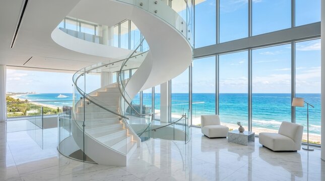 Luxurious modern living room with spiral staircase, ocean view, and plush white sofas.