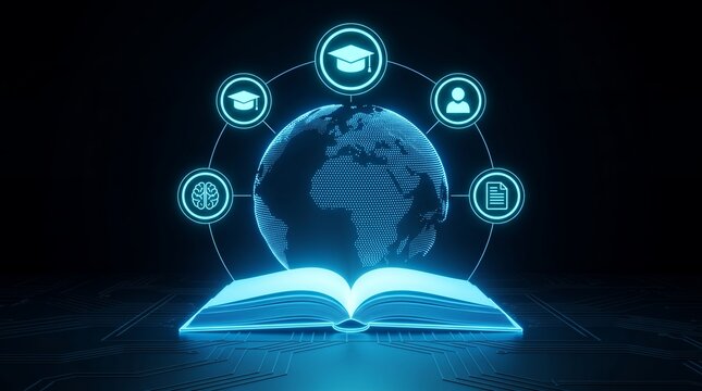 Glowing digital globe emerges from an open book with floating academic icons and holographic network lines representing modern global education knowledge exchange and futuristic learning