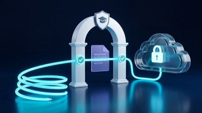 Digital security system featuring an arched gateway protected document icon glowing fiber optic cable transmitting data stream and secure cloud storage infrastructure representation