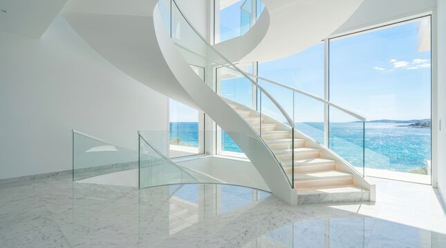 Modern spiral staircase with glass railings leading to bright open space with ocean view.