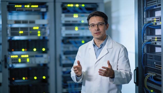 Medium shot featuring a controlled workspace with an expert overseeing network hardware background blurred representing integrated VPN and SDWAN service resale.