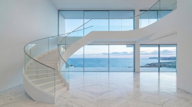 Modern spiral staircase with glass railings leading to a bright room with ocean views and marble.