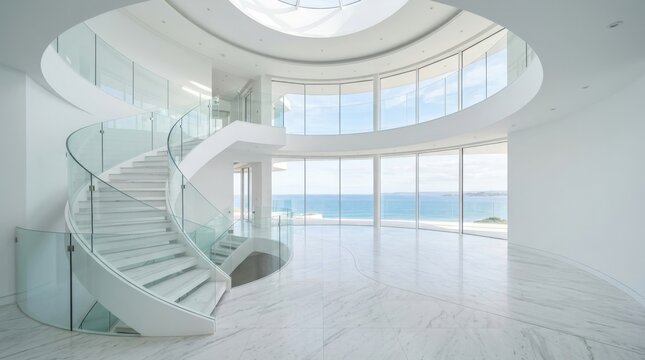 Luxurious modern interior with a spiral staircase and panoramic ocean view windows.
