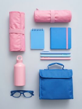 Flat lay of pink and blue school supplies, including a water bottle, glasses, and notebooks on.