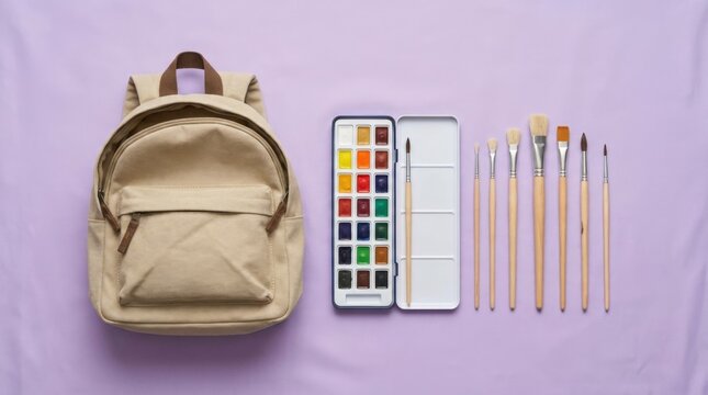 Beige backpack with watercolor set and brushes arranged neatly on purple background.
