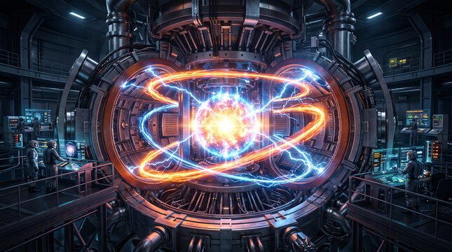 Futuristic nuclear fusion reactor core with glowing plasma energy rings in high tech laboratory.