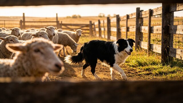 Active border collie sheepdog herding sheep through farm gate at sunset ideal for rural agriculture livestock farm business and pastoral concept