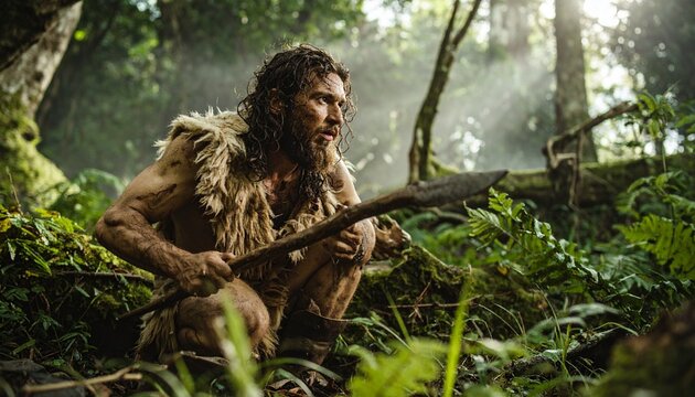 Primitive man with a wooden spear in a lush prehistoric forest