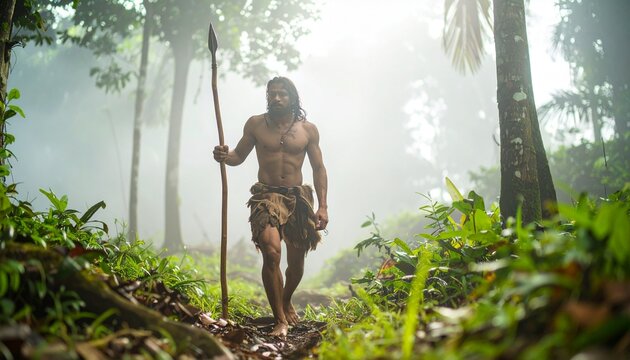 Man in Primitive Attire Walking Through a Misty Tropical Forest with a Spear