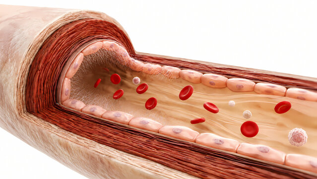 Microscopic 3D cross section of blood vessel showing endothelial lining with flowing red and white blood cells