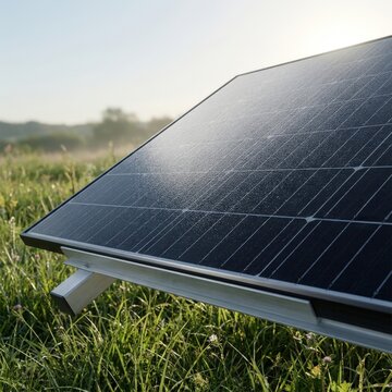 Solar panel mounted on metal frame in a lush green field with distant trees under clear.