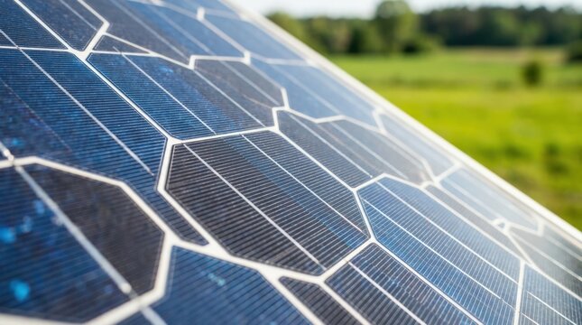 Close-up of solar panel cells reflecting light, set against a blurred green field background.