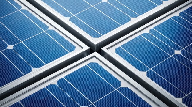 Close-up view of intersecting solar panels with blue cells and silver connectors in sunlight.