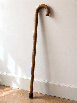 Wooden walking cane leaning against plain wall