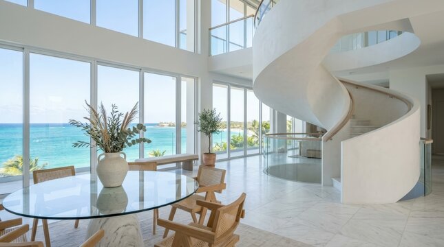 Modern seaside home with curved staircase, large windows, and glass dining table near the ocean.