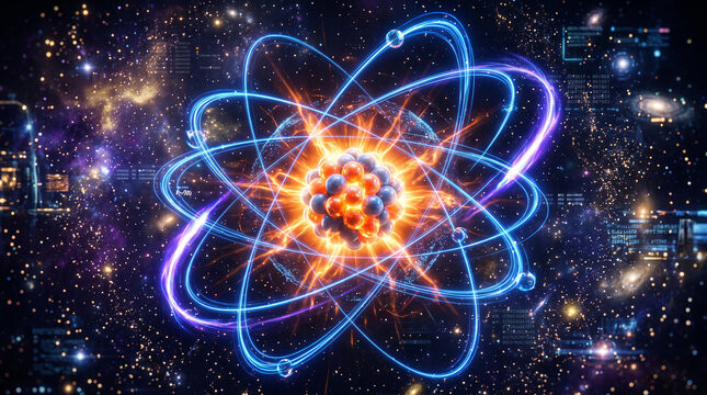 Stylized glowing atom with fiery nucleus and blue orbital paths against dark background.