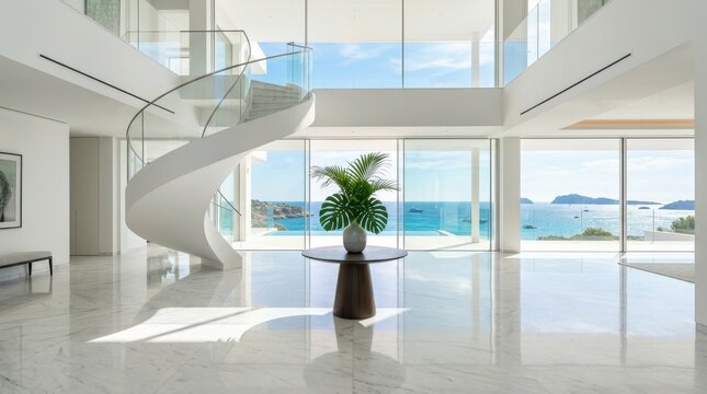 Modern luxury living room with spiral staircase, ocean view, and potted plant by window.
