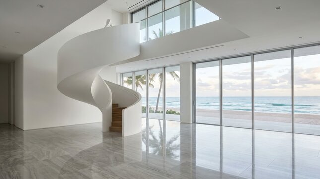 Modern interior with a spiral staircase leading to a panoramic window overlooking a beach.