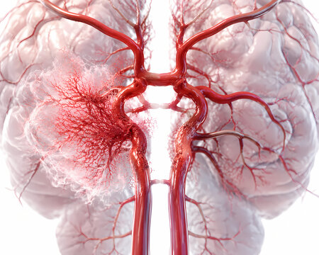 Detailed 3D anatomical illustration of circle of Willis showing arterial stenosis and dense Moyamoya collateral vessel network