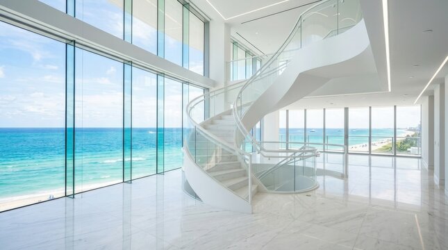 Modern luxury living room with spiral staircase and floor-to-ceiling windows overlooking the ocean.