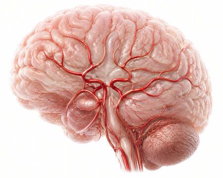 Anatomical 3D model of human brain with detailed cerebral arteries and lateral vascular branches