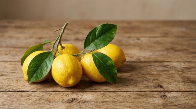 Bright yellow lemons with green leaves resting on a rustic wooden surface in natural light.