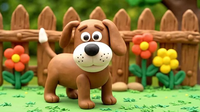 Cheerful Claymation Dog Standing in a Lush Garden Setting with Colorful Flowers and a Wooden Fence, Eye-Level View