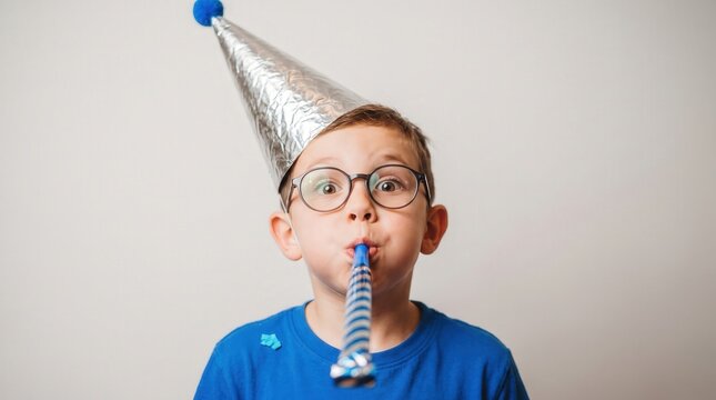 Excited young boy wearing silver party hat and glasses blowing a striped horn blower for a birthday celebration or festive event promotion.