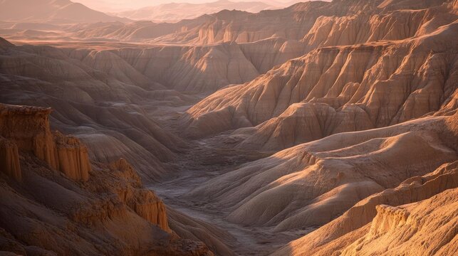 Vast desert badlands with jagged rock formations under a warm, hazy sunset sky