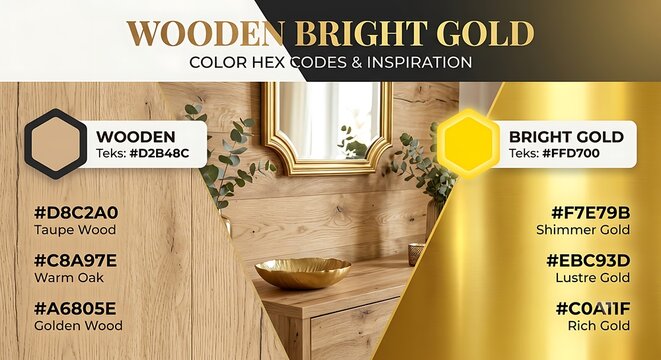 Wooden Bright Gold Color Palette with Hex Codes and Interior Inspiration