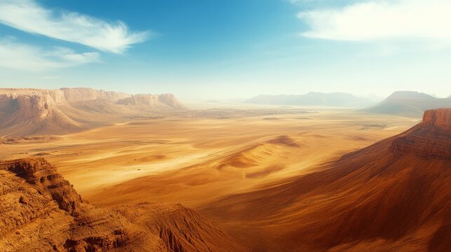 Vast desert plateau under a bright blue sky with scattered clouds during a hot summer afternoon