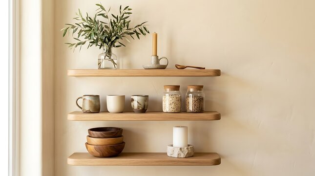 Minimalist Wooden Shelves Displaying Kitchenware and Decor.