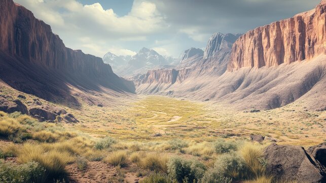 Vast desert valley with towering rocky canyon walls under a cloudy summer sky