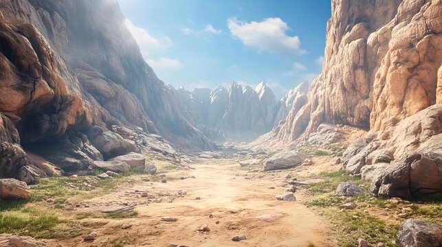 Vast desert valley with towering rocky mountains under a bright blue sky with scattered clouds