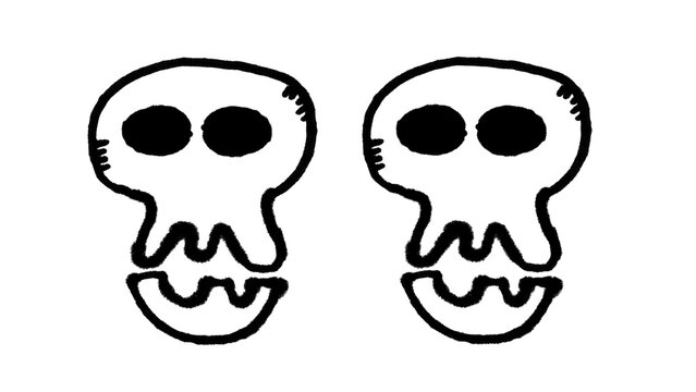 Cute Cartoon Skull Doodle Brush, Playful Bones Head with Black Eye Sockets and Teeth Line Art, Simple Hand-Drawn Black and White Vector Clip Art on White Background for Halloween and T-shirt Designs