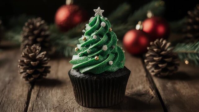 Close-up Christmas tree cupcake on rustic wooden surface, green frosting swirl with tiny sugar decorations, pinecones and red ornaments 