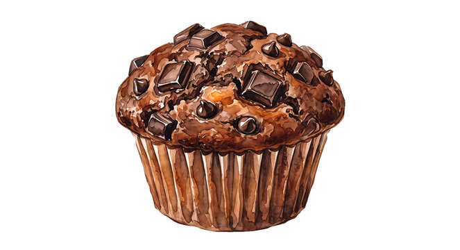 watercolor illustration of a chocolate chunk and chip muffin