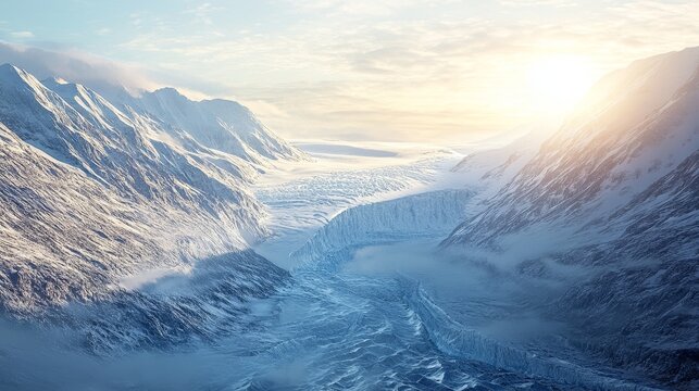 Vast frozen glacial mountain range under a bright, hazy winter sun with snow-covered peaks