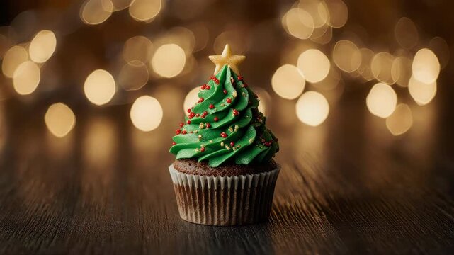 Close-up Christmas tree cupcake on rustic wooden surface, green frosting swirl with tiny sugar decorations, pinecones and red ornaments 