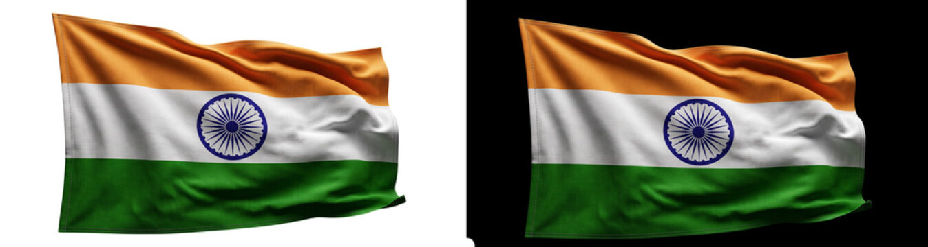 Waving flag of india, realistic fabric texture, isolated on transparent background