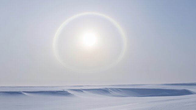Vast frozen landscape during winter with a bright halo surrounding the sun in a clear sky