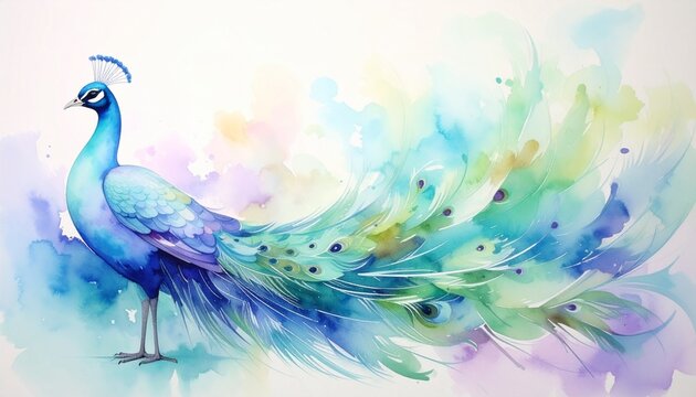 Peacock Watercolor Illustration with Vibrant Blue and Green Feathers