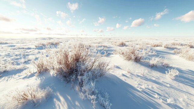 Vast frozen permafrost terrain under a bright sky with scattered clouds and sunlit snow drifts