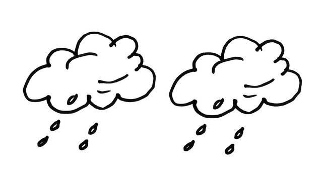 Rain Cloud Line Art, Doodle Weather Brush Pack, Black and White Cartoon Cloud with Rain Drops Vector Set
